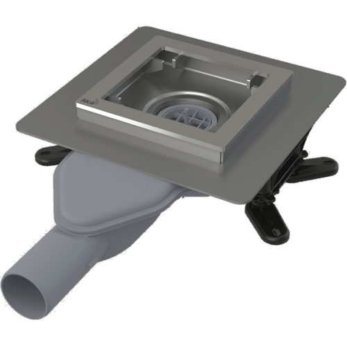 Сливной трап из нержавеющей стали зкстра низкий 130х130 мм боковой сток без pешетки гидрозатвор мокрый ALCAPLAST APV110