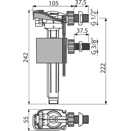 Впускной механизм с боковой подводкой и металлической резьбой универсальный ALCAPLAST A160UNI интернет магазин сантехники BATHPOINT