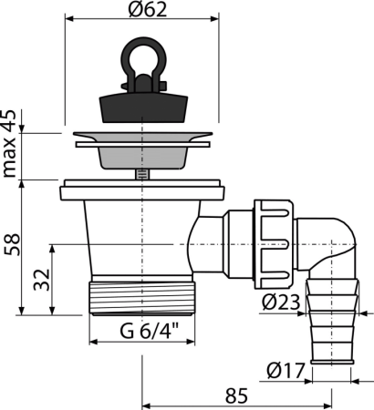 Донный клапан сифона для умывальника 6/4" с нержавеющей peшeткой DN63 и штуцером AlcaPlast A31P интернет магазин сантехники BATHPOINT