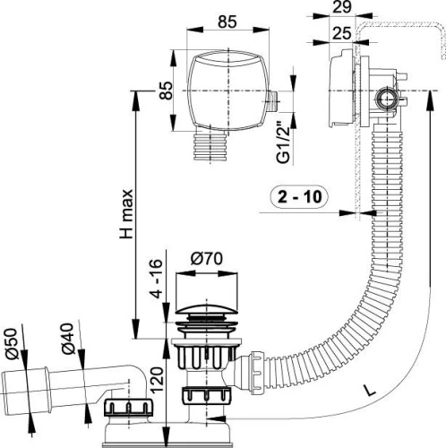Сифон для ванны с напуском воды через перелив AlcaPlast А508 КМ Click Clack