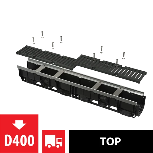 Дренажный канал 100 мм с металлической рамой и чугунной решеткой D400 ALCAPLAST AVZ103-R201