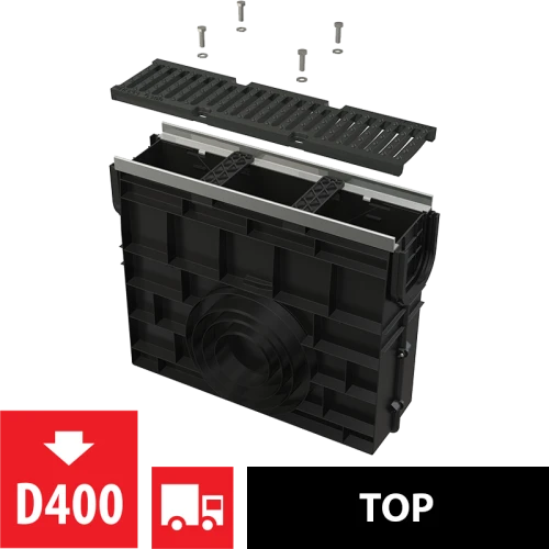 Пескоуловитель для дренажного канала AVZ103 с металлической рамой и чугунной решеткой D400 ALCAPLAST AVZ103R-R201